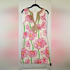 Lily Pulitzer Pink and Green floral mini dress with gold accents size 8